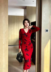 Ruched Floral Print Bodycon Dress S / Red
